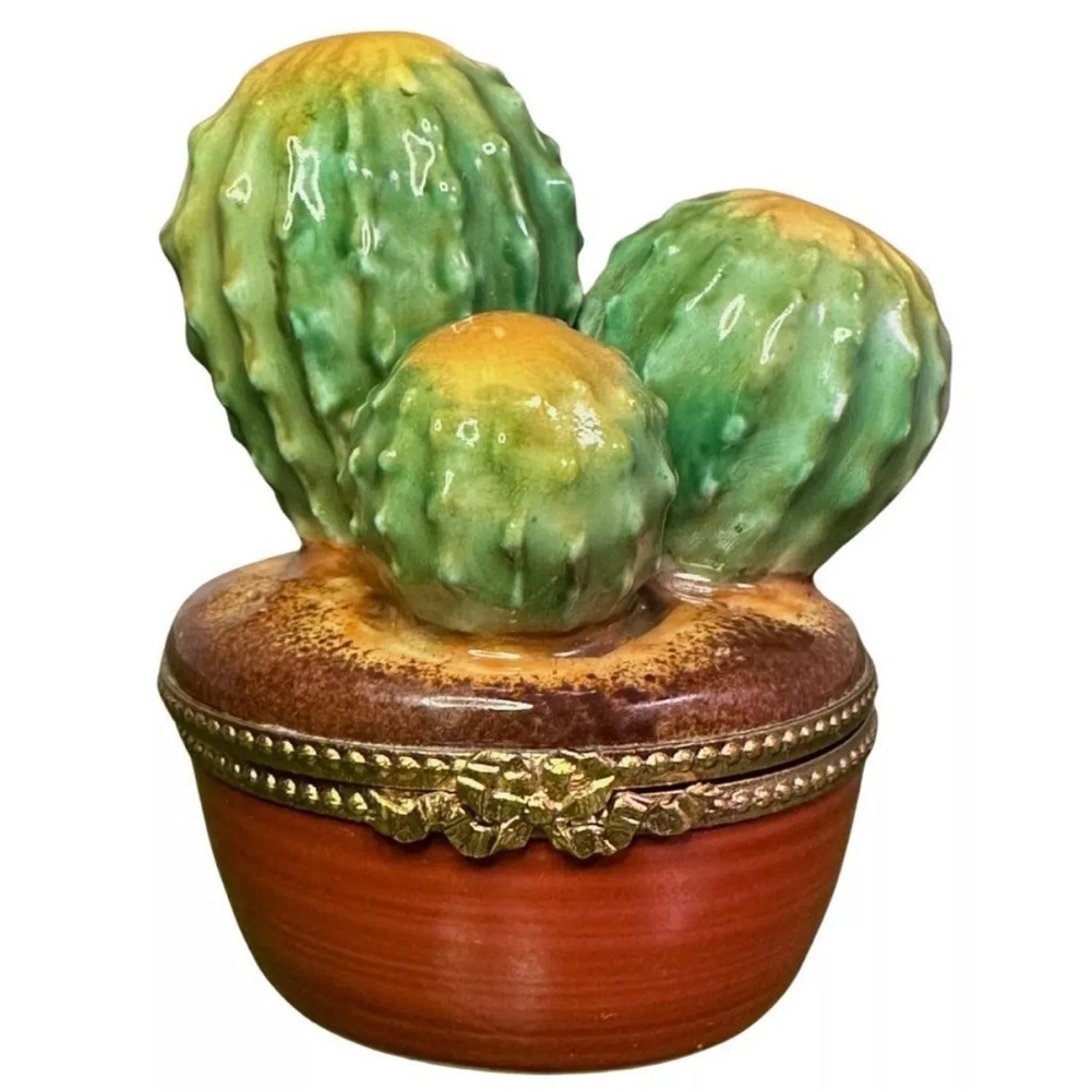 RARE ROCHARD Limoges Cactus Plant Porcelain Trinket Box | Peint Main France